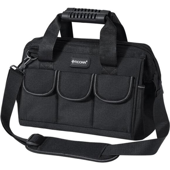 12in Tool Bag with Waterproof Soft Bottom, Multi-Pockets Wide Mouth Tool Tote Storage & Organization